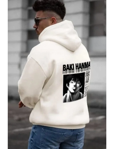 Erkek 3 İplik Pamuklu Kapüşonlu Baskılı Cepli Oversize Sweatshirt Hoodie - Beyaz