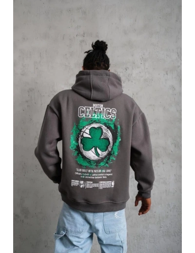 Erkek Baskılı Kapüşonlu ve Kordon İpli Sweat - Gri