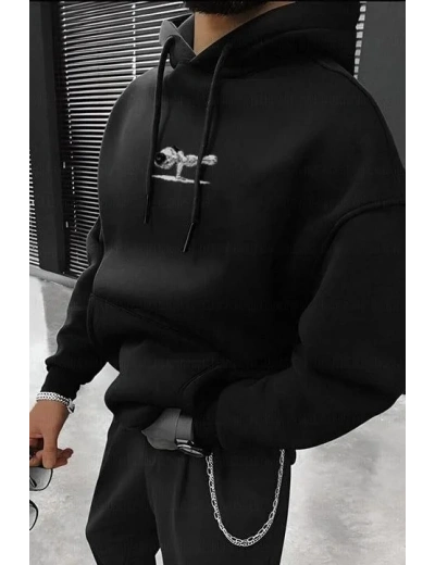Erkek 3 İplik Pamuklu Kapüşonlu Baskılı Cepli Oversize Sweatshirt Hoodie - Siyah