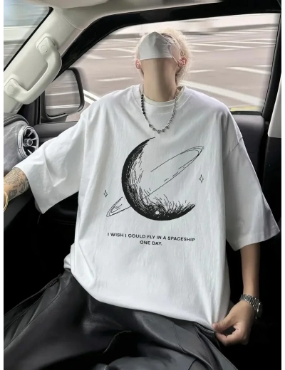 Erkek Baskılı Tişört Kısa Kol Bisiklet Yaka Oversize T-Shirt - Beyaz