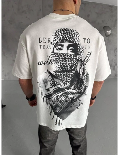 Erkek Kısa Kol Tişört Bisiklet Yaka Filistin Poşulu Baskılı T-Shirt - Beyaz