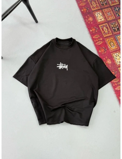 Erkek Kısa Kol Yazlık Tişört Bisiklet Yaka Baskılı Oversize T-Shirt - Siyah