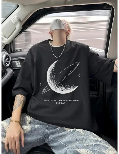 Erkek Baskılı Tişört Kısa Kol Bisiklet Yaka Oversize T-Shirt - - Siyah