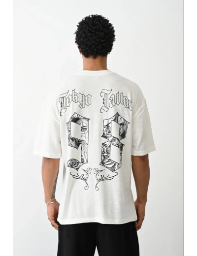 Erkek Kısa Kol Yazlık Tişört Bisiklet Yaka Baskılı Oversize T-Shirt - Beyaz