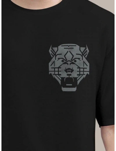 Erkek Kısa Kol Yazlık Tişört Bisiklet Yaka ASLAN Baskılı T-Shirt - Siyah