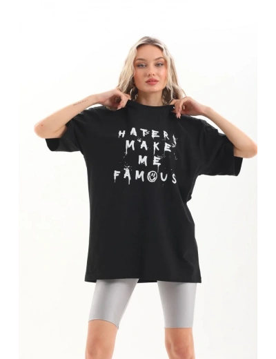 Kadın Kısa Kol Yazlık Tişört Bisiklet Yaka Baskılı Oversize T-Shirt - Siyah