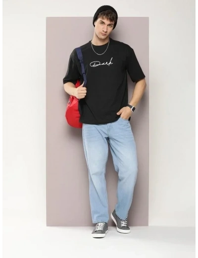 Erkek Baskılı T-Shirt Kısa Kol Bisiklet Yaka Regular Fit Rahat Kalıp Tişört - Siyah