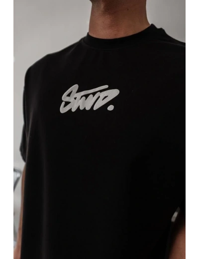 Erkek Kısa Kol Yazlık Tişört Bisiklet Yaka Baskılı Oversize T-Shirt - Siyah