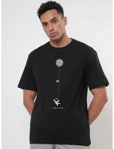 Erkek Baskılı Oversize T-shirt - Siyah