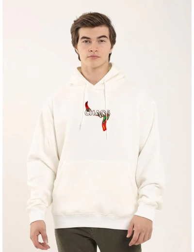 Erkek 3 İplik Pamuklu Kapüşonlu Baskılı Cepli Oversize Sweatshirt Hoodie - Beyaz