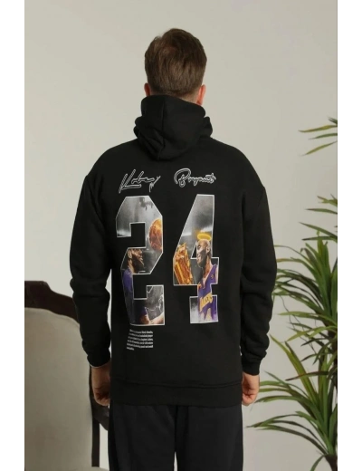Erkek 3 İplik Pamuklu Kapüşonlu Baskılı Cepli Oversize Sweatshirt Hoodie - Siyah