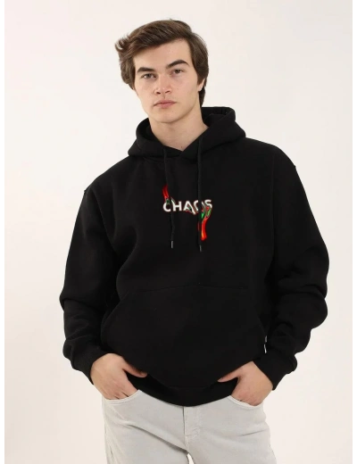 Erkek 3 İplik Pamuklu Kapüşonlu Baskılı Cepli Oversize Sweatshirt Hoodie - Siyah