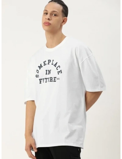 Erkek Kısa Kol Yazlık Tişört Bisiklet Yaka Baskılı Oversize T-Shirt - Beyaz