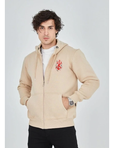 Erkek 3 İplik Pamuklu Kapüşonlu Tam Fermuarlı Cepli Hoodie Sweatshirt - Bej