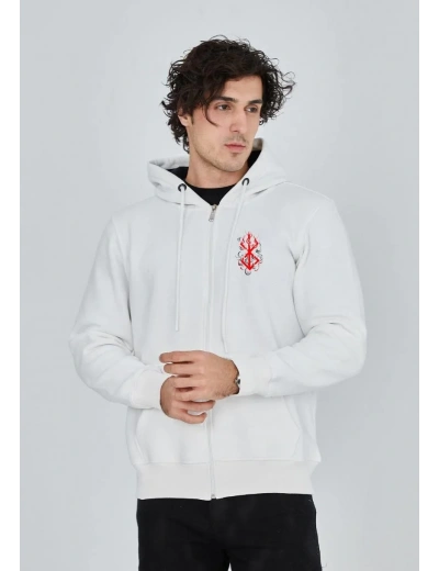 Erkek 3 İplik Pamuklu Kapüşonlu Tam Fermuarlı Cepli Hoodie Sweatshirt - Beyaz