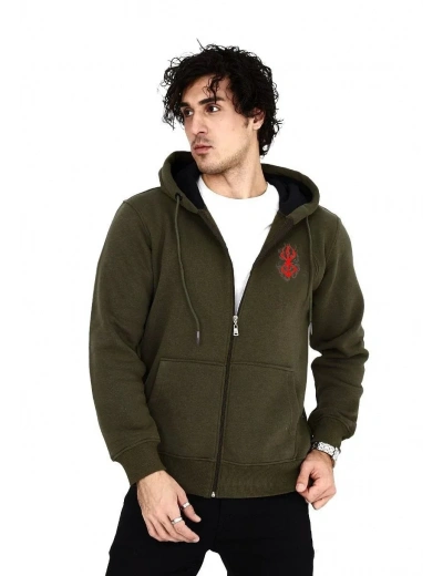 Erkek 3 İplik Pamuklu Kapüşonlu Tam Fermuarlı Cepli Hoodie Sweatshirt - Haki