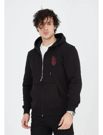 Erkek 3 İplik Pamuklu Kapüşonlu Tam Fermuarlı Cepli Hoodie Sweatshirt - Siyah