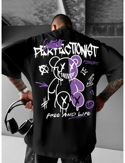 Erkek T-shirt Baskılı Bisiklet Yaka Kısa Kol Tişört - Siyah