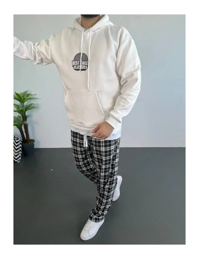 Erkek Baskılı Üç İplik Kapüşonlu Oversize Sweatshirt - Beyaz