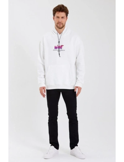 Erkek Baskılı Üç İplik Kapüşonlu Oversize Sweatshirt - Beyaz