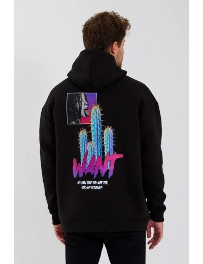 Erkek 3 İplik Pamuklu Kapüşonlu Baskılı Cepli Oversize Sweatshirt Hoodie - Siyah