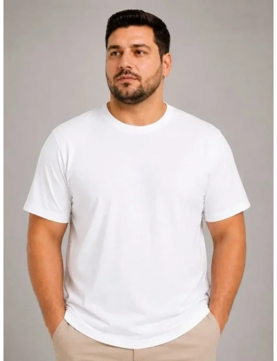 Erkek Battal Big Size Basic Tişört Bisiklet Yaka Rahat Kalıp T-Shirt - Beyaz