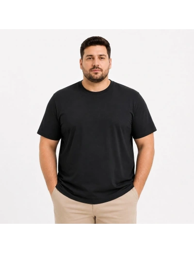Erkek Battal Big Size Basic Tişört Bisiklet Yaka Rahat Kalıp T-Shirt - Siyah