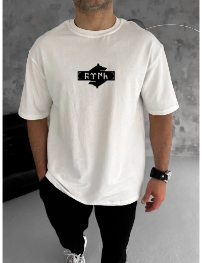 Erkek Kısa Kol Yazlık Tişört Bisiklet Yaka Baskılı Oversize T-Shirt - Beyaz