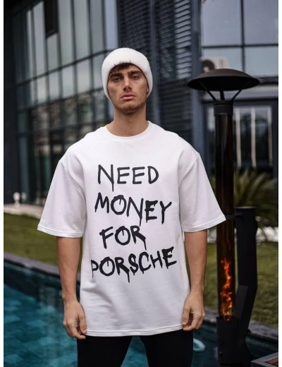 Erkek Kısa Kol Yazlık Tişört Bisiklet Yaka Baskılı Oversize T-Shirt - Beyaz