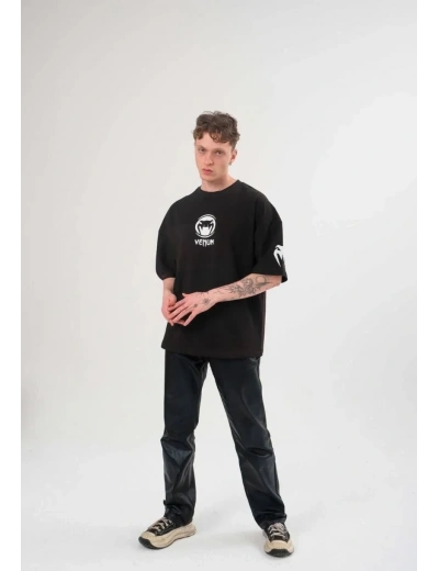 Erkek Kısa Kol Tişört Göğüs ve Kol Bisiklet Yaka Baskılı T-Shirt - Siyah