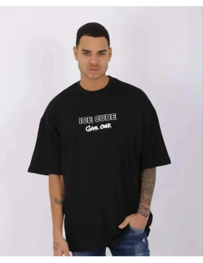 Erkek Kısa Kol Yazlık Tişört Bisiklet Yaka Baskılı Oversize T-Shirt - Siyah