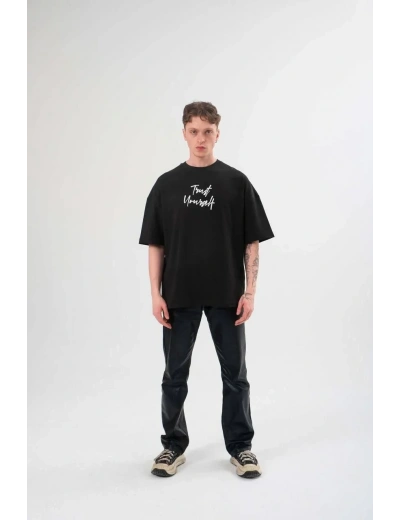 Erkek Kısa Kol Yazlık Tişört Bisiklet Yaka Baskılı Oversize T-Shirt - Siyah