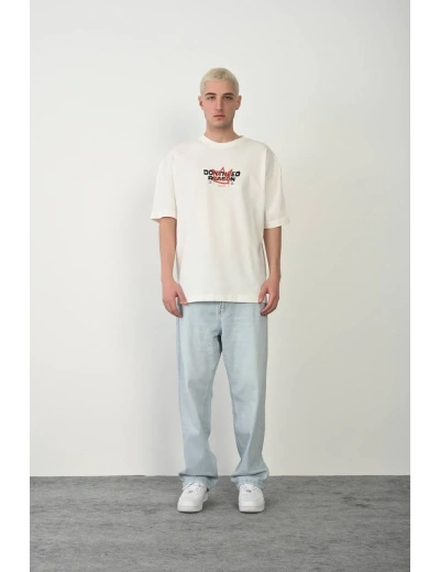 Erkek Kısa Kol Yazlık Tişört Bisiklet Yaka Baskılı Oversize T-Shirt - Beyaz