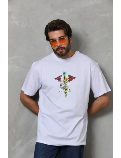 Erkek Baskılı T-Shirt Kısa Kol Bisiklet Yaka Regular Fit Rahat Kalıp Tişört -  Beyaz