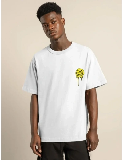 Erkek Kısa Kol Yazlık Tişört Bisiklet Yaka Baskılı Oversize T-Shirt - Beyaz