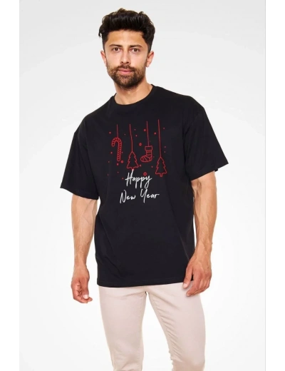 Erkek Kısa Kol Tişört Bisiklet Yaka Yeni Yıl Baskılı T-Shirt - Siyah