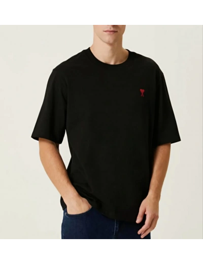 Erkek Kısa Kol Tişört Bisiklet Yaka KALP Baskılı Oversize T-Shirt - Siyah