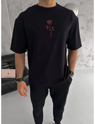 Erkek Bisiklet Yaka Baskılı Oversize  Kısa kol T-Shirt - Siyah