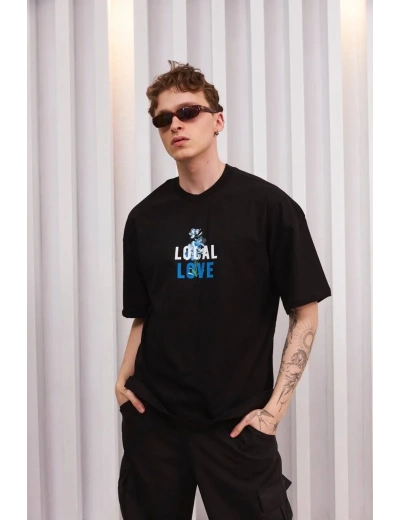 ERKEK Bisiklet Yaka Baskılı Oversize Kısa kol T-Shirt - Siyah