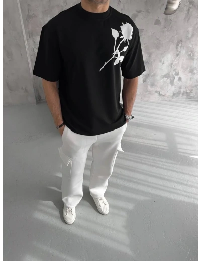 Erkek Kısa Kol Tişört Bisiklet Yaka GÜL Baskılı Oversize T-Shirt - Siyah