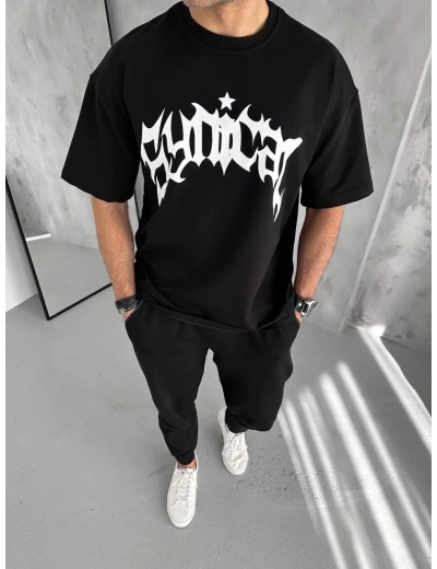 Erkek Tişört Bisiklet Yaka Baskılı Oversize Kısa kol T-Shirt - Siyah