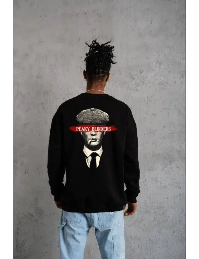 ERKEK 3 İplik Pamuklu Bisiklet Yaka Baskılı Oversize Sweatshirt - Siyah