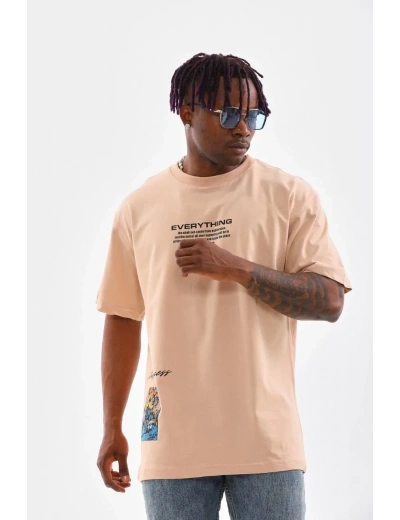 Erkek  Bisiklet Yaka Baskılı Oversize T-Shirt - Bej