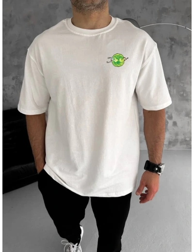 Erkek Kısa Kol Tişört Bisiklet Yaka RİCK AND MORTY Baskılı T-Shirt - Beyaz