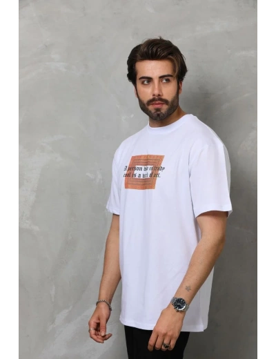 Erkek Baskılı T-Shirt Kısa Kol Bisiklet Yaka Regular Fit Rahat Kalıp Tişört -  Beyaz