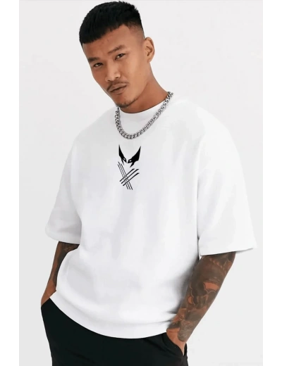 Erkek Kısa Kol Yazlık Tişört Bisiklet Yaka Baskılı Oversize T-Shirt - Beyaz