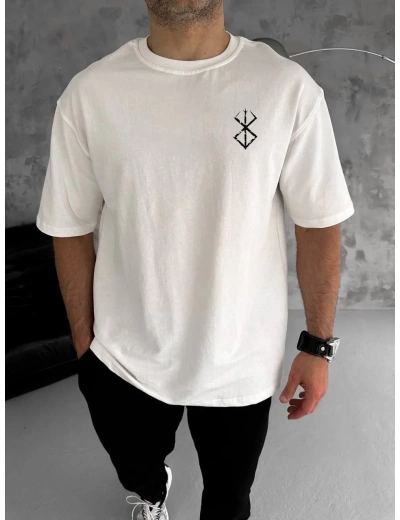 Erkek Kısa Kol Yazlık Tişört Bisiklet Yaka Baskılı Oversize T-Shirt - Beyaz
