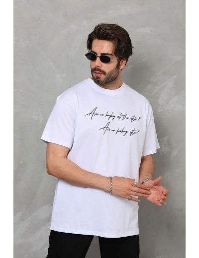 Erkek Kısa Kol Yazlık Tişört Bisiklet Yaka Baskılı Oversize T-Shirt - Beyaz
