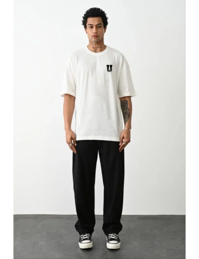 Erkek Kısa Kol Yazlık Tişört Bisiklet Yaka Baskılı Oversize T-Shirt - Beyaz