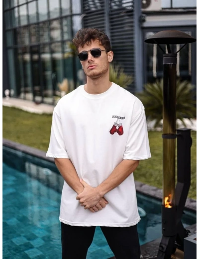 Erkek Kısa Kol Tişört Bisiklet Yaka Boxy Eldiven Baskılı T-Shirt - Beyaz